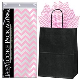 Flexicore Packaging Black Kraft Paper Gift Bags & Light Pink Gift Wrap Tissue Paper | Size: 8 Inch X 4.75 Inch X 10.5 Inch | Count: 5 Bags | Color: Light Pink Chevron
