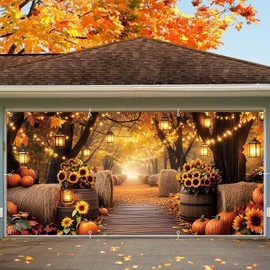 Fall Garage Door Cover Banner 7x16ft Thanksgiving Autumn Forest Backdrop Decorations Harvest Pumpkin Sunflower Leaves Background Mural for Home Outdoor Indoor Wall Window Yard