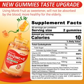 Sugar Free Vitamin C + D3 + Zinc Gummies for Adults 50 +, 9 in 1 Immune Defense Supplement with D3 5000IU, Elderberry, Echinacea, Mullein Leaf for Boost Immunity, Power Antioxidant, Vegan (Pack of 2)