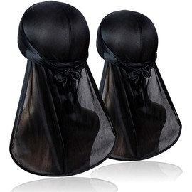 POUNDXPENCE Co® 2 Pcs Durag Black with Wide Long Tail for Men Women Sports Head Wrap Scarf Skull Wave Cap Tie Down Perfect for Waves Braids Locs