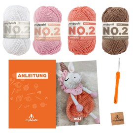 myboshi Nele Comforter Set, Includes No. 2 Wool, Needle and Instructions, Original Label, Crochet Pack, 85% Cotton, 15% Kapok Pink with Crochet Hook