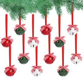 Christmas Jingle Bells 12 PCS Large Christmas Bells,Metal Bells Red White Green Bells,Christmas Tree Decorations Bells with Ribbons,Hanging Ornaments Bells for DIY Crafts Christmas Decor,Round Dot
