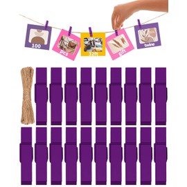 Mini Clothes Pins for Photo, Purple Small Colored Clothespins 100 Pack Wooden Rainbow Colorful Picture Clips with 32 FT String for Crafts, Little Baby Shower, Display Artwork