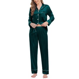 SWOMOG Womens Satin Pyjamas Long Sleeve Sleepwear Silk Soft Button Down Loungewear Pjs Set Deep Green Small