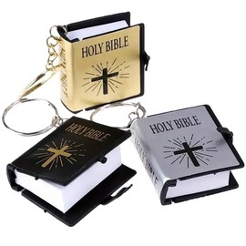 4Trails Mini Holy Bible Keychain with Cross Design, Religious Book Charm, Black White Gold Christian Gift Angel White (Black)