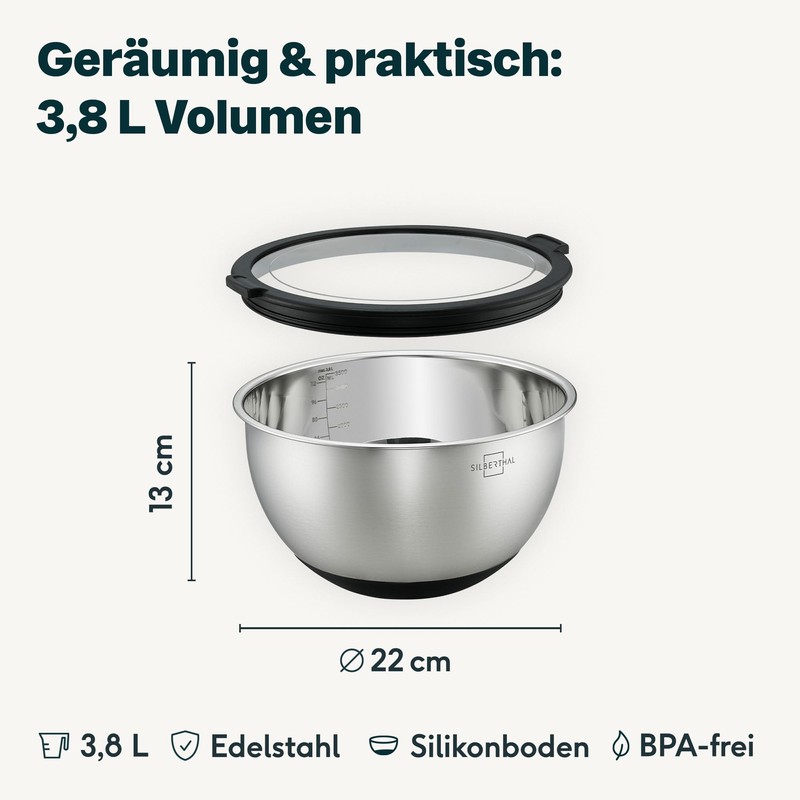 SILBERTHAL Stainless Steel Bowl with Lid - 3.8 L Mixing