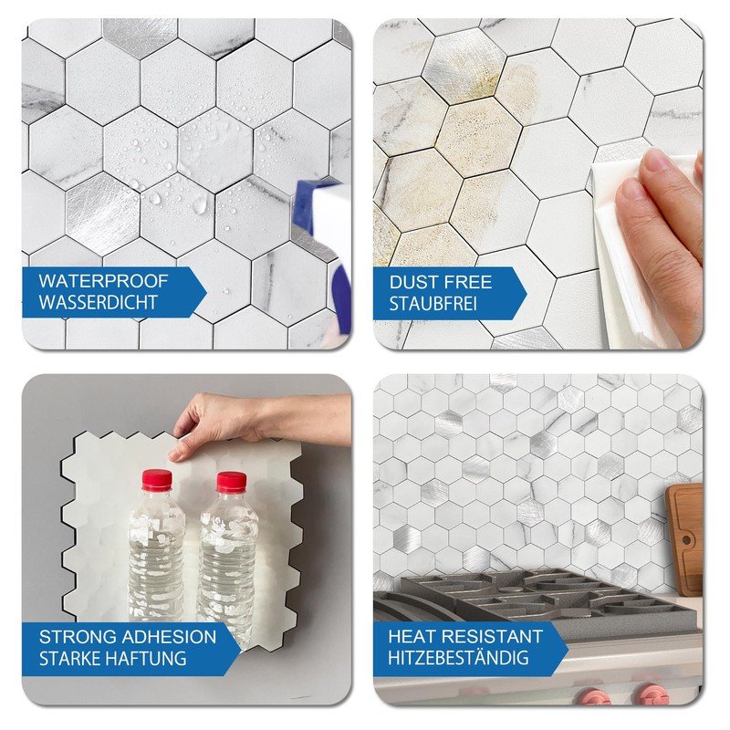 MOFIT Hexagon Peel and Stick Backsplash Tiles Kitchen,Self-Adhesive Metal and