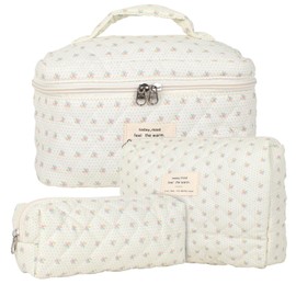 Women's Travel Cosmetic Bag Set, Cotton Toiletry Bag Set, Women's Quilted Toiletry Bag with Floral Pattern, Pack of 3, White-bee