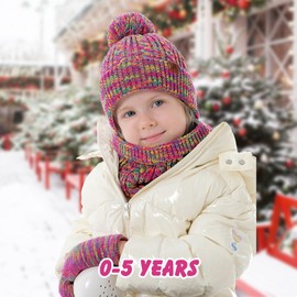 AYPOW 3pcs Warm Beanie Hat Scarf Gloves Winter Set for Children 0-8 Years Thick Fleece Lined Winter Hat Knitted Hat Neck Warmer Winter Accessory Set for Children Toddlers Boys Girls, pink