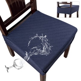 Genina Waterproof Seat Covers for Chairs,Set of 4 Dining Room Chair Seat Covers for Kitchen,Stretch Jacquard Removable Washable Dining Chair Slipcovers Protectors,No Rear Covers, Navy Blue
