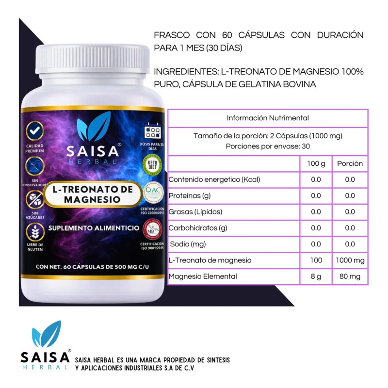 Treonato Magnesio Suplemento Alimenticio 100 Puro Saisa Herbal Cápsulas Alta