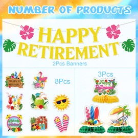 Rngmsi Hawaiian Retirement Party Decorations - 13 Pcs Happy Retirement Decorations, Aloha Summer Beach Banner Hanging Swirl Honeycomb Table Centerpieces Set, Tropical Party Decor Supplies