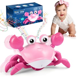 Crawling Crab Baby Toy, Exssary Tummy Time Baby Toys Infant Girl Gifts Sensory Toys for Babies Toddler Christmas Birthday Gifts Walking Crab Adjustable Speed & Sound Pink