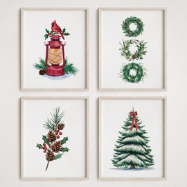 NOCTMETEOR 4Pcs Vintage Christmas Nature Wall Art Decor, Christmas Still Life Painting Prints for Home, 8x10 Inch Unframed