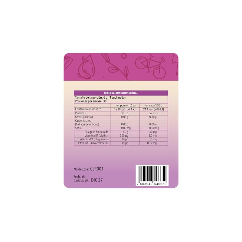 Colágeno con Ácido Hialurónico, Biotina, Vitamina K1 y D3, Envase