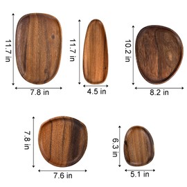 Okllen Set of 5 Acacia Wood Serving Platter and Trays, Irregular Oval Solid Wood Plates Serving Tray, Lightweight Wood Dinner Plates for Breakfast, Coffee, Tea, Snack, Plant, Housewarming Gift
