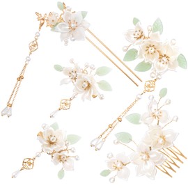 VARMDUKKE 5pcs Camellia Flower Tassel Hair Pins, Vintage Chinese Rhinestones Pearl Hair Sticks, Floral Bun Updo Hair Comb Clip, Bridal Headpiece for Women Wedding, Parties - White