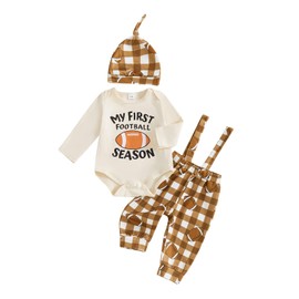 Lucikamy Newborn Baby Boy Fall Clothes Football Long Sleeve Romper Suspender Pants Hat Cute 3Pcs Infant Coming Home Outfits (Beige, 0-3 Months)