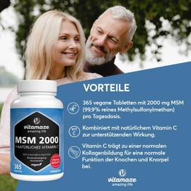 MSM 2,000 mg + Natural Vitamin C from Acerola, 365 Vegan Tablets for 6 Months, High Dose, 99.9% Pure Methylsulfonylmethane, Dietary Supplement without Additives, Made in Germany