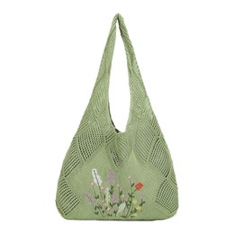 Stizimn Crochet Mesh Beach Tote Shoulder Hobo Aesthetic Summer Bag for Women (Embroider-Green)