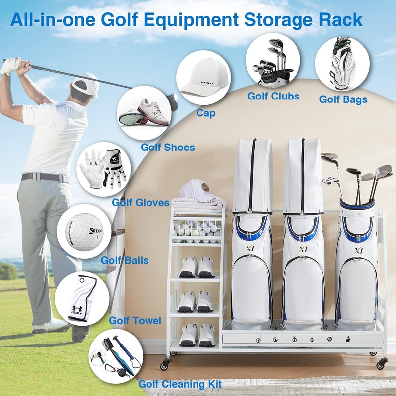 Lauren&Harold 3 Golf Bag Organizer Garage Storage, Golf Storage Rack
