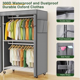 LEHOM G1C Heavy Duty Clothes Rack with Cover, Rolling Garment Rack for Hanging Clothes, Portable Closets with Oxford Fabric Cover, Freestanding Clothing Rack on Wheels, Storage Wardrobe for Bedroom
