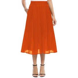 EXCHIC Women's Casual Chiffon Elastic Waist One Line Pleated Midi Skirt with Pocket, orange