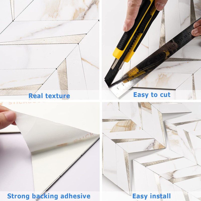 STICKGOO 10-Sheet Herringbone Tile Peel and Stick Backsplash, Calacatta Marble