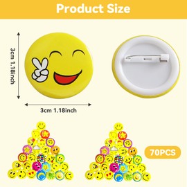 yolzhxe Pack of 70 30 mm Smileley Pins Badges, Various Motifs, Mini Smile Face Button Pins, Smileley Badge Badge with Safety Pin at the Back, for Clothes, Hats, Backpacks Decorations