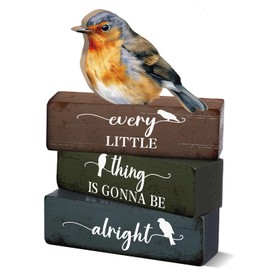 Yousoontic 4 Pcs Wooden Bird Decor for Home Every Little Thing is Gonna Be Alright Sign Farmhouse Bird Spring Tiered Tray Decor Rustic Spring Bird Centerpiece for Shelf Mantel Desk Housewarming Gift