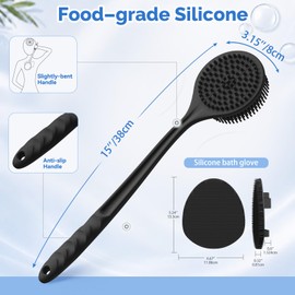 Manmihealth Silicone Back Scrubber & Soft Shower Brushes Set 2PCS Black