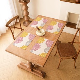Kiatuniya Placemats Washable Pink Dahlia Flower Table Mat Spring Summer Outdoor Country House Style Non-Slip Place Mats for Kitchen Dining Table Home Restaurant Dining Table Set of 4