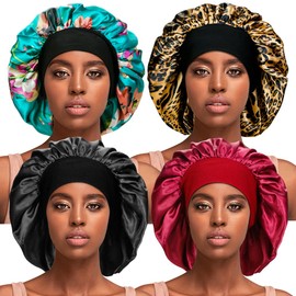 4 Pieces Silky Sleep Bonnet for Curly Hair, Large Women Hair Bonnets Satin Sleeping Cap Night Cap for Women Hair Care