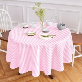 Solino Home Linen Easter Tablecloth - 100% Pure Linen Cherry Blossom and White Round Tablecloth 60 Inch Diameter - Handcrafted and Machine Washable - Amalfi Stripe