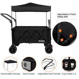 3 in 1 Collapsible Wagon with 300lbs Weight Capacity,150L Heavy Duty Utility Cart with Removable Canopy,with Big All-Terrain Beach Wheels & Drink Holders,Black
