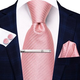 Hi-Tie Classic Mens Silk Ties Set 4 PCS Necktie Pocket Square Cufflinks Clip Pin Solid Strip Paisley Tie,Pink