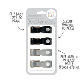 All4Ella Baby Blanket Stroller Clips (4 Pack) | Hooks Muslin to Stroller | Australian Baby Product | Infant/Toddler | Black/Grey