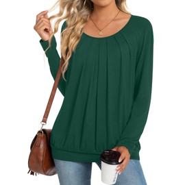 Anymeet 2024 Womens Fall Tunic Tee Long Sleeve Casual T Shirts Loose Pleated Soft Tops Plus Size Dark Green X-Large