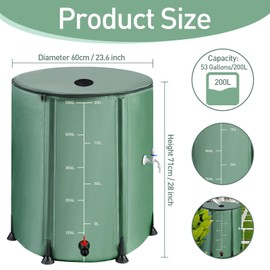 53 Gallon Collapsible Rain Barrel with Zip, 200L Foldable Water Storage Tank in 1000D Oxford, Protable Rainwater Collection Barrel Ice Bath Tub with 3 Spigots and Half Poles Kit