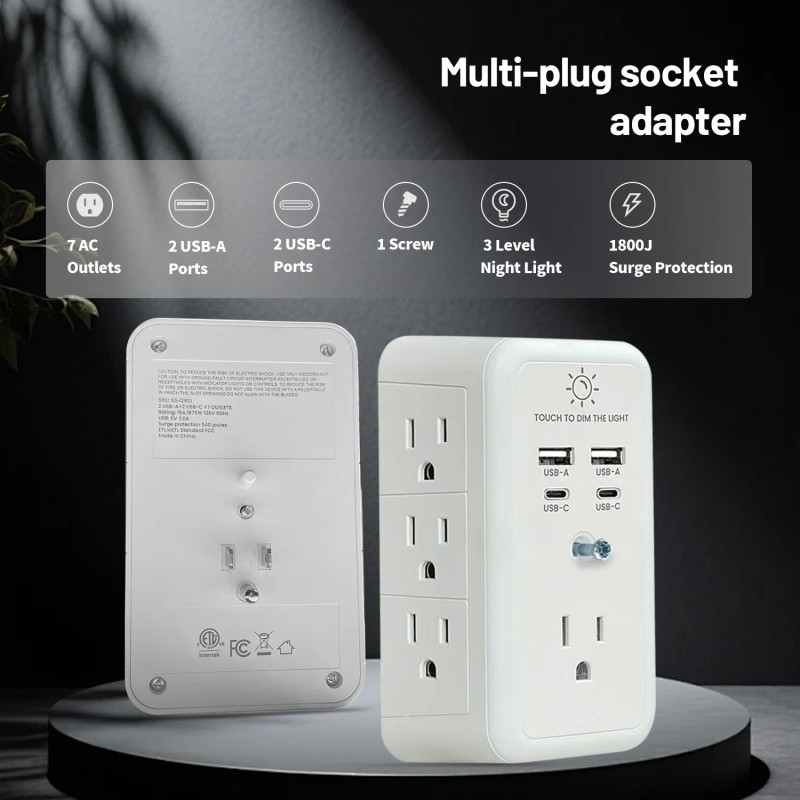 Multi Socket Wall Socket With 7 AC Outlets, ETL Certified