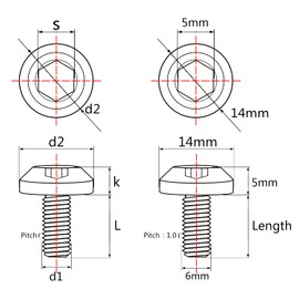 Ruifu Hex Socket Head Cap Screws, Titanium Alloy, Available in M6 x 12/15/20/25/30/35 mm, M8 x 15/20/25/30/35/40 mm, For Bicycles &amp; Motorcycles, Wheels, License Plate Mounting Bolts, Set of 5 (M6 x 15 mm, Black)