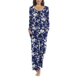 POPYOUNG Plus size Women's Fall-Winter 2 Piece Pleated Long Sleeve Pajama Sets Lounge Sleepwear Ladies nightwear Pjs Sets with Pockets XL, White flower