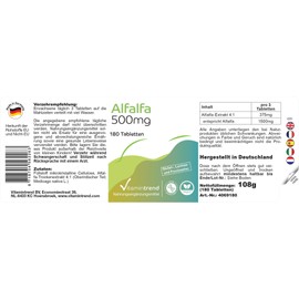 Alfalfa 500mg - 180 Tabletten ! 3-MONATS-VORRAT ! mit 1500mg Alfalfa pro Tagesdosis - hochdosiert - sichere Dosierung - vegan - bioverfügbare Supplements aus Deutschland | Vitamintrend