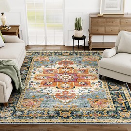 Eleisa 4x6 Area Rugs for Living Room, Orange & Navy Blue, Machine Washable Low Pile Area Rug, Stain Resistant Vintage Home Decor Rug for Bedroom, Dining Room, Home Office