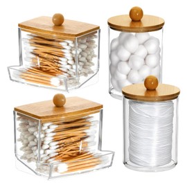 FHUIEWRY 4 Pack Qtip Holder Dispenser with Lids, Apothecary Container Jar Qtips Holder Bathroom Set, Bathroom Organizers and Storage for Cotton Ball, Cotton Swab, Pads, Floss, Home Decor
