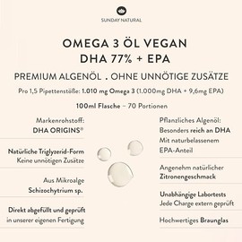 SUNDAY NATURAL DHA Omega 3 Algae Oil Vegan - High Dose 1,000 mg Omega 3 EPA DHA - 100 ml - Natural Lemon Flavour - Triglyceride Form - Laboratory Tested in Germany, without Unnecessary Additives