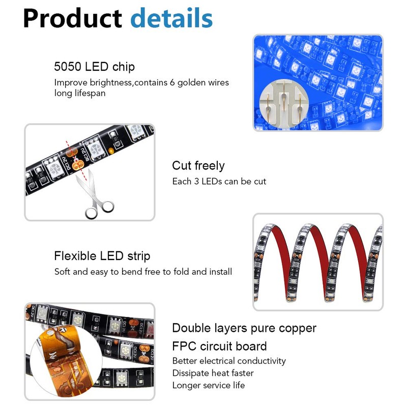 ALITOVE 16.4ft 5050 Blue LED Flexible Strip Ribbon Light Black