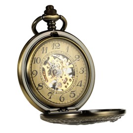 TREEWETO Antique Mechanical Bronze Pocket Watches for Men 3D Horse Pattern Pocket Watch with Chain Skeleton Dial Arabic Numberals