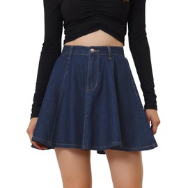 Allegra K Women's Casual Denim Skirt High Waist A-Line Flared Mini Jean Skirts with Belt Large Dark Blue