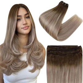 Easyouth Ombre Wefts Real Hair Dark Brown Mix Ash Brown and Medium Blonde Wefts Hair Extensions Remy Wefts Real Hair for Sewing 16 Inches 100 g